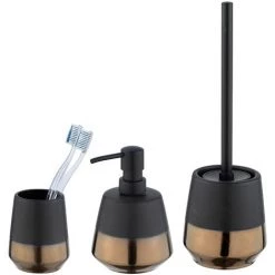 WENKO Set Accessoires Salle De Bain, Gobelet Brosse à Dent, Distributeur Savon Liquide, Brosse WC, Céramique, Brandol, Noir Effet "or"