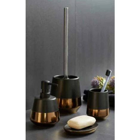 WENKO Set Accessoires Salle De Bain, Gobelet Brosse à Dent, Distributeur Savon Liquide, Brosse WC, Céramique, Brandol, Noir Effet "or" 4 WENKO Set Accessoires Salle De Bain, Gobelet Brosse à Dent, Distributeur Savon Liquide, Brosse WC, Céramique, Brandol, Noir Effet "or" – Image 2