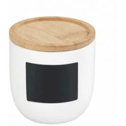 WENKO Boite De Conservation Waia, Avec Couvercle Hermétique En Bambou, Conservation Vrac, Avec étiquette Ardoise, Capacité 0,45L, Céramique - Bambou, Ø 10x10 Cm, Blanc - Marron