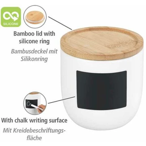 WENKO Boite De Conservation Waia, Avec Couvercle Hermétique En Bambou, Conservation Vrac, Avec étiquette Ardoise, Capacité 0,45L, Céramique - Bambou, Ø 10x10 Cm, Blanc - Marron 4 WENKO Boite De Conservation Waia, Avec Couvercle Hermétique En Bambou, Conservation Vrac, Avec étiquette Ardoise, Capacité 0,45L, Céramique - Bambou, Ø 10x10 Cm, Blanc - Marron – Image 2