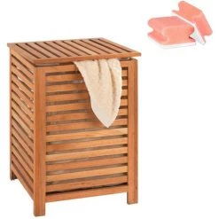 WENKO Panier à Linge Bois, Coffre à Linge Bois, Norway, Capacité 56L, Lot De 2 éponges Offertes