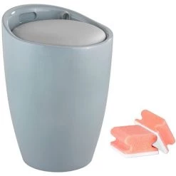 WENKO Tabouret Panier à Linge Salle De Bain, Candy Gris, Ø 36x50,5 cm, Lot De 2 éponges Offertes