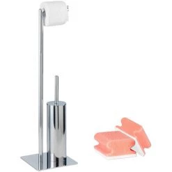 WENKO Serviteur WC 2en1, Brosse WC Et Dérouleur Papier Toilette, Recco, Métal Chromé, Lot De 2 éponges Offertes