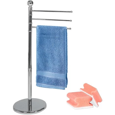 WENKO Porte Serviette Salle De Bain, Porte Serviette Sur Pied Avec 3 Bras Amovibles, Acier, Lot De 2 éponges Offertes 3 WENKO Porte Serviette Salle De Bain, Porte Serviette Sur Pied Avec 3 Bras Amovibles, Acier, Lot De 2 éponges Offertes
