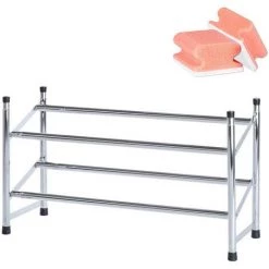 WENKO Rangement Chaussures Télescopique, étagère à Chaussures Extensible, 2 Niveaux De Rangement, 62-115cm, Lot De 2 éponges Offertes