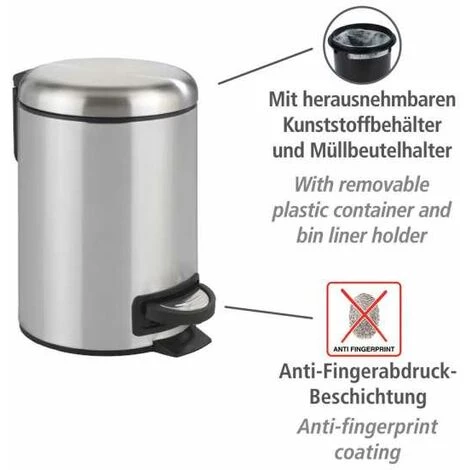 WENKO Poubelle à Pédale Leman, Petite Poubelle Salle De Bain, Capacité 3L, Acier Inox, 17x25x22,5 Cm, Mat 4 WENKO Poubelle à Pédale Leman, Petite Poubelle Salle De Bain, Capacité 3L, Acier Inox, 17x25x22,5 Cm, Mat – Image 2