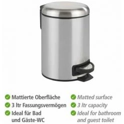 WENKO Poubelle à Pédale Leman, Petite Poubelle Salle De Bain, Capacité 3L, Acier Inox, 17x25x22,5 Cm, Mat 9 WENKO Poubelle à Pédale Leman, Petite Poubelle Salle De Bain, Capacité 3L, Acier Inox, 17x25x22,5 Cm, Mat -WENKO Soldes 34510026 3