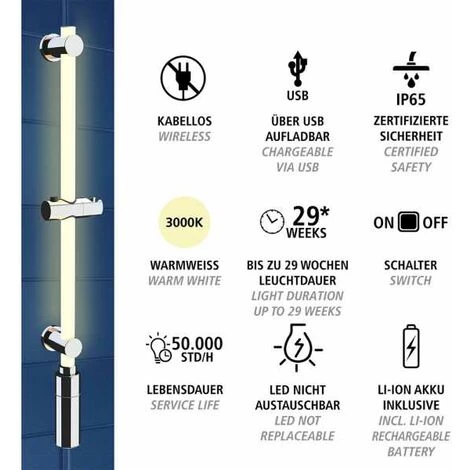 WENKO Colonne De Douche LED, Colonne De Douche Avec éclairage LED Basse Consommation Et Détecteur De Mouvement, Avec éclairage Uniforme Sur La Longueur, Rechargeable, Plastique, L74cm, Blanc - Chromé 5 WENKO Colonne De Douche LED, Colonne De Douche Avec éclairage LED Basse Consommation Et Détecteur De Mouvement, Avec éclairage Uniforme Sur La Longueur, Rechargeable, Plastique, L74cm, Blanc - Chromé – Image 3