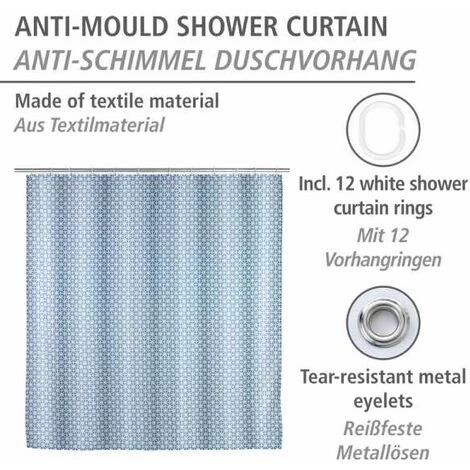 WENKO Rideau De Douche Antimoisissure Cristal, Rideau De Douche Original, Lavable En Machine Et Waterproof, 12 Anneaux Rideau De Douche En Plastique Blanc Inclus, Polyester, 180x200 Cm, Bleu - Blanc 4 WENKO Rideau De Douche Antimoisissure Cristal, Rideau De Douche Original, Lavable En Machine Et Waterproof, 12 Anneaux Rideau De Douche En Plastique Blanc Inclus, Polyester, 180x200 Cm, Bleu - Blanc – Image 2