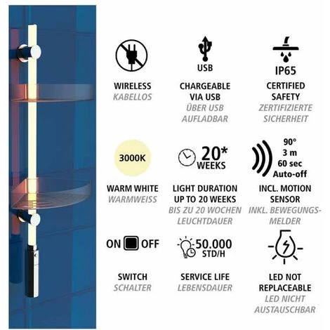 WENKO Etagère D'angle Salle De Bain LED, 2 Paniers De Douche D'angle, Fixation Murale Sans Perçage "Power Loc Plus", Avec éclairage LED Basse Consommation, Rechargeable, Plastique, L74 Cm, Transparent 6 WENKO Etagère D'angle Salle De Bain LED, 2 Paniers De Douche D'angle, Fixation Murale Sans Perçage "Power Loc Plus", Avec éclairage LED Basse Consommation, Rechargeable, Plastique, L74 Cm, Transparent – Image 4