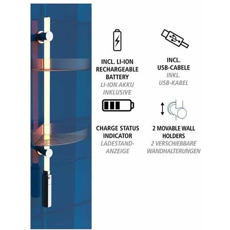 WENKO Etagère D'angle Salle De Bain LED, 2 Paniers De Douche D'angle, Fixation Murale Sans Perçage "Power Loc Plus", Avec éclairage LED Basse Consommation, Rechargeable, Plastique, L74 Cm, Transparent 7 WENKO Etagère D'angle Salle De Bain LED, 2 Paniers De Douche D'angle, Fixation Murale Sans Perçage "Power Loc Plus", Avec éclairage LED Basse Consommation, Rechargeable, Plastique, L74 Cm, Transparent – Image 5