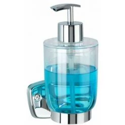 WENKO Porte Savon Liquide Mural Basic, Distributeur Savon Liquide, Capacité 300ml, Fixation Acier Inox - Plastique, 7,8x10x17 Cm, Brillant - Transparent