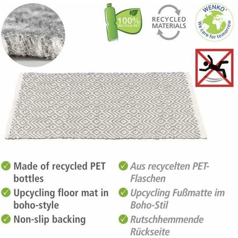 WENKO Tapis De Bain Abai, Tapis Salle De Bain Antidérapant, Tapis Paillasson Durable De Style Boho Fabriqué à Partir De Bouteille Plastique PET Recyclée, 100% Polyester, 50x80 Cm, Gris-blanc 4 WENKO Tapis De Bain Abai, Tapis Salle De Bain Antidérapant, Tapis Paillasson Durable De Style Boho Fabriqué à Partir De Bouteille Plastique PET Recyclée, 100% Polyester, 50x80 Cm, Gris-blanc – Image 2