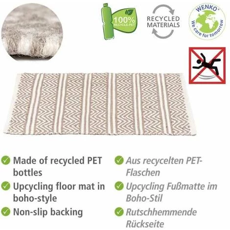 WENKO Tapis De Bain Shaki, Tapis Salle De Bain Antidérapant, Tapis Paillasson Durable De Style Boho Fabriqué à Partir De Bouteille Plastique PET Recyclée, 100% Polyester, 50x80 Cm, Beige-blanc 4 WENKO Tapis De Bain Shaki, Tapis Salle De Bain Antidérapant, Tapis Paillasson Durable De Style Boho Fabriqué à Partir De Bouteille Plastique PET Recyclée, 100% Polyester, 50x80 Cm, Beige-blanc – Image 2