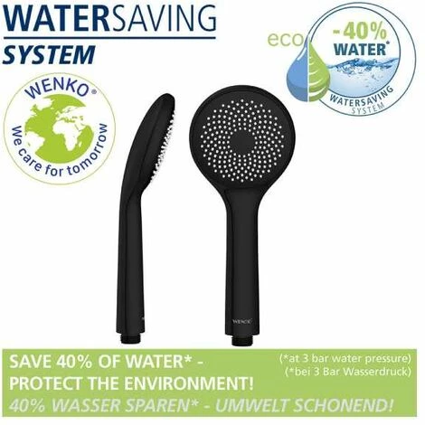 WENKO Pommeau De Douche Watersaving, Pommeau De Douche économie D'eau, Jusqu'à 40% D'économie D'eau Sans Compromis Sur La Pression D'eau, Embout Universel 1/2", Plastique ABS, ø9,6 Cm, Noir Mat 4 WENKO Pommeau De Douche Watersaving, Pommeau De Douche économie D'eau, Jusqu'à 40% D'économie D'eau Sans Compromis Sur La Pression D'eau, Embout Universel 1/2", Plastique ABS, ø9,6 Cm, Noir Mat – Image 2
