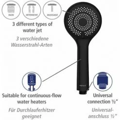 WENKO Pommeau De Douche Watersaving, Pommeau De Douche 3 Jets, Jusqu'à 40% D'économie D'eau Sans Compromis Sur La Pression D'eau, Embout Universel 1/2", Plastique ABS, ø9,6 Cm, Noir Mat -WENKO Soldes 34510132 4