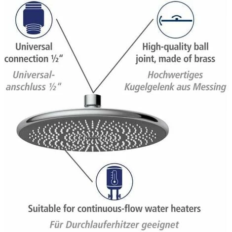 WENKO Tête De Douche Effet Pluie Watersaving, Pommeau De Douche Italienne, Jusqu'à 40% D'économie D'eau Sans Compromis Sur La Pression D'eau, Embout Universel 1/2", Plastique, ø 22,5 Cm, Chromé - Gris 6 WENKO Tête De Douche Effet Pluie Watersaving, Pommeau De Douche Italienne, Jusqu'à 40% D'économie D'eau Sans Compromis Sur La Pression D'eau, Embout Universel 1/2", Plastique, ø 22,5 Cm, Chromé - Gris – Image 4
