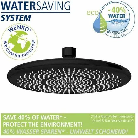 WENKO Tête De Douche Effet Pluie Watersaving, Pommeau De Douche Italienne, Jusqu'à 40% D'économie D'eau Sans Compromis Sur La Pression D'eau, Embout Universel 1/2", Plastique, ø 22,5 Cm, Noir Mat 4 WENKO Tête De Douche Effet Pluie Watersaving, Pommeau De Douche Italienne, Jusqu'à 40% D'économie D'eau Sans Compromis Sur La Pression D'eau, Embout Universel 1/2", Plastique, ø 22,5 Cm, Noir Mat – Image 2