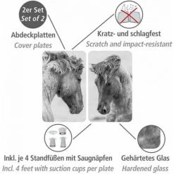 WENKO Protection Plaque De Cuisson "Chevaux Sauvages", Couvre Plaque De Cuisson En Verre, Lot De 2, Verre Trempé, 30x52 Cm, Gris -WENKO Soldes 34510148 4