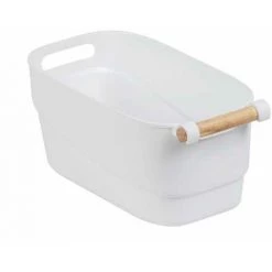 WENKO Organiseur Placard S, Bac De Rangement Cuisine Avec Poignée Bois, Compatible Lave Vaisselle, Plastique - Bois, 14,5x12x27 Cm, Blanc - Marron - Blanc