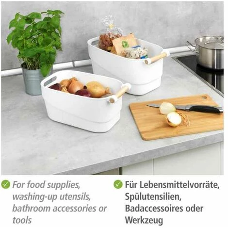 WENKO Organiseur Placard S, Bac De Rangement Cuisine Avec Poignée Bois, Compatible Lave Vaisselle, Plastique - Bois, 14,5x12x27 Cm, Blanc - Marron - Blanc 5 WENKO Organiseur Placard S, Bac De Rangement Cuisine Avec Poignée Bois, Compatible Lave Vaisselle, Plastique - Bois, 14,5x12x27 Cm, Blanc - Marron - Blanc – Image 3