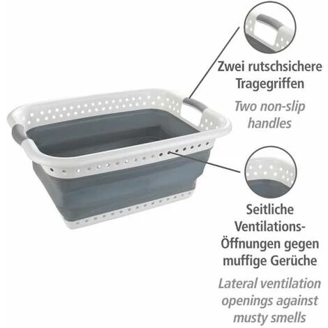 WENKO Panier à Linge Plastique, Panier à Linge Pliable, Capacité 38L, Polypropylène - Plastique, 61x26x45 Cm, Blanc-gris 4 WENKO Panier à Linge Plastique, Panier à Linge Pliable, Capacité 38L, Polypropylène - Plastique, 61x26x45 Cm, Blanc-gris – Image 2