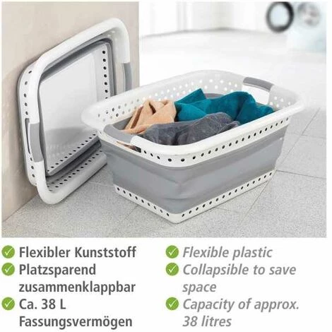 WENKO Panier à Linge Plastique, Panier à Linge Pliable, Capacité 38L, Polypropylène - Plastique, 61x26x45 Cm, Blanc-gris 5 WENKO Panier à Linge Plastique, Panier à Linge Pliable, Capacité 38L, Polypropylène - Plastique, 61x26x45 Cm, Blanc-gris – Image 3