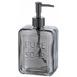 WENKO Distributeur De Savon Liquide "Pure Soap", Capacité 550 Ml, Distributeur De Savon Liquide En Verre, 9,5x20x6 Cm, Gris