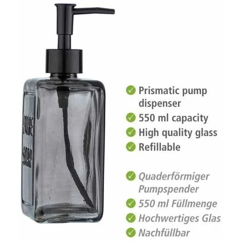 WENKO Distributeur De Savon Liquide "Pure Soap", Capacité 550 Ml, Distributeur De Savon Liquide En Verre, 9,5x20x6 Cm, Gris 4 WENKO Distributeur De Savon Liquide "Pure Soap", Capacité 550 Ml, Distributeur De Savon Liquide En Verre, 9,5x20x6 Cm, Gris – Image 2