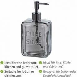 WENKO Distributeur De Savon Liquide "Pure Soap", Capacité 550 Ml, Distributeur De Savon Liquide En Verre, 9,5x20x6 Cm, Gris 9 WENKO Distributeur De Savon Liquide "Pure Soap", Capacité 550 Ml, Distributeur De Savon Liquide En Verre, 9,5x20x6 Cm, Gris -WENKO Soldes 35014621 3