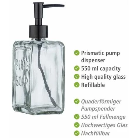 WENKO Distributeur De Savon Liquide "Pure Soap", Capacité 550 Ml, Distributeur De Savon Liquide En Verre, 9,5x20x6 Cm, Transparent 4 WENKO Distributeur De Savon Liquide "Pure Soap", Capacité 550 Ml, Distributeur De Savon Liquide En Verre, 9,5x20x6 Cm, Transparent – Image 2