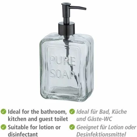 WENKO Distributeur De Savon Liquide "Pure Soap", Capacité 550 Ml, Distributeur De Savon Liquide En Verre, 9,5x20x6 Cm, Transparent 5 WENKO Distributeur De Savon Liquide "Pure Soap", Capacité 550 Ml, Distributeur De Savon Liquide En Verre, 9,5x20x6 Cm, Transparent – Image 3