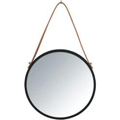 WENKO Miroir Mural Rond Borrone, Miroir Avec Cadre Métallique Noir Et Lanière De Suspension En Similicuir, Miroir Décoratif Au Design Industriel, Verre - Métal, Ø 30 Cm, Noir - Marron