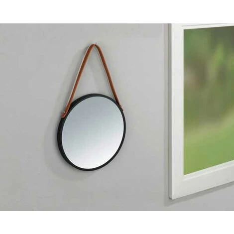 WENKO Miroir Mural Rond Borrone, Miroir Avec Cadre Métallique Noir Et Lanière De Suspension En Similicuir, Miroir Décoratif Au Design Industriel, Verre - Métal, Ø 30 Cm, Noir - Marron 6 WENKO Miroir Mural Rond Borrone, Miroir Avec Cadre Métallique Noir Et Lanière De Suspension En Similicuir, Miroir Décoratif Au Design Industriel, Verre - Métal, Ø 30 Cm, Noir - Marron – Image 4