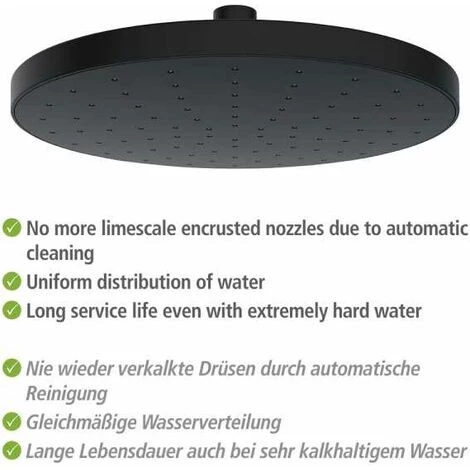 WENKO Tête De Douche Effet Pluie Automatic Cleaning Anticalcaire, Pommeau De Douche Italienne Avec Buses Autonettoyantes, Embout Universel 1/2", Design Rond, Plastique, ø22,5 cm, Noir 7 WENKO Tête De Douche Effet Pluie Automatic Cleaning Anticalcaire, Pommeau De Douche Italienne Avec Buses Autonettoyantes, Embout Universel 1/2", Design Rond, Plastique, ø22,5 cm, Noir – Image 5