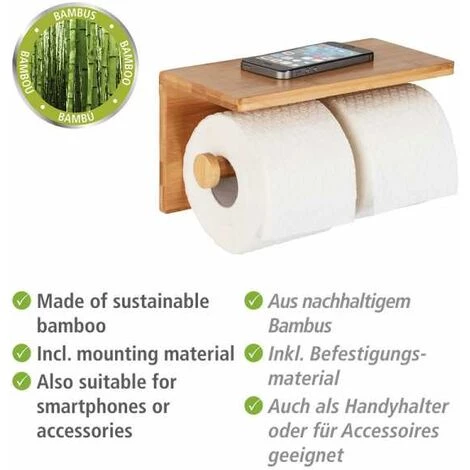 WENKO Porte Papier Toilette Bois Bambusa Avec Support Smartphone, Capacité De Rangement 2 Rouleaux, Bambou, 25x13x12 Cm, Marron 5 WENKO Porte Papier Toilette Bois Bambusa Avec Support Smartphone, Capacité De Rangement 2 Rouleaux, Bambou, 25x13x12 Cm, Marron – Image 3