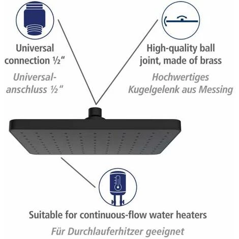 WENKO Tête De Douche Effet Pluie Automatic Cleaning Anticalcaire, Pommeau De Douche Italienne Avec Buses Autonettoyantes, Embout Universel 1/2", Design Carré, Plastique, 25x17 cm, Noir 6 WENKO Tête De Douche Effet Pluie Automatic Cleaning Anticalcaire, Pommeau De Douche Italienne Avec Buses Autonettoyantes, Embout Universel 1/2", Design Carré, Plastique, 25x17 cm, Noir – Image 4