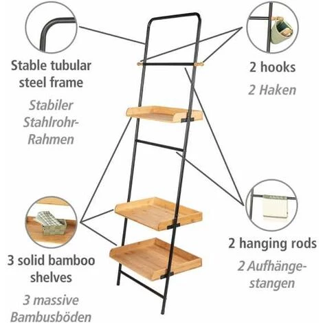 WENKO Etagère à Poser Contre Un Mur, 3 Plateaux De Rangement Et Barre De Suspension, Loft, Acier Noir Et Bois, 56x180x40 Cm 4 WENKO Etagère à Poser Contre Un Mur, 3 Plateaux De Rangement Et Barre De Suspension, Loft, Acier Noir Et Bois, 56x180x40 Cm – Image 2