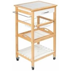 WENKO Desserte Cuisine Bois Bambou Finja, Desserte à Roulettes Avec 2 étagères Et 1 Panier Métalique, MDF - Bambou, 49x81x38 Cm, Blanc - Marron