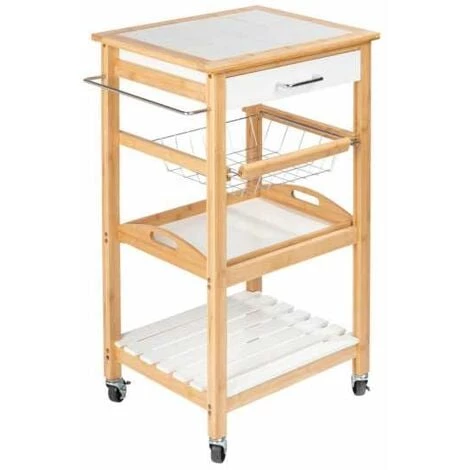 WENKO Desserte Cuisine Bois Bambou Finja, Desserte à Roulettes Avec 2 étagères Et 1 Panier Métalique, MDF - Bambou, 49x81x38 Cm, Blanc - Marron 3 WENKO Desserte Cuisine Bois Bambou Finja, Desserte à Roulettes Avec 2 étagères Et 1 Panier Métalique, MDF - Bambou, 49x81x38 Cm, Blanc - Marron