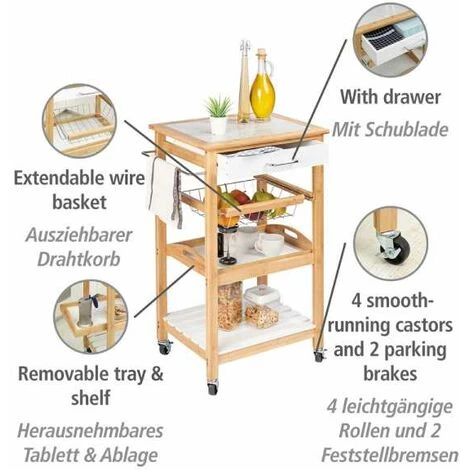 WENKO Desserte Cuisine Bois Bambou Finja, Desserte à Roulettes Avec 2 étagères Et 1 Panier Métalique, MDF - Bambou, 49x81x38 Cm, Blanc - Marron 4 WENKO Desserte Cuisine Bois Bambou Finja, Desserte à Roulettes Avec 2 étagères Et 1 Panier Métalique, MDF - Bambou, 49x81x38 Cm, Blanc - Marron – Image 2