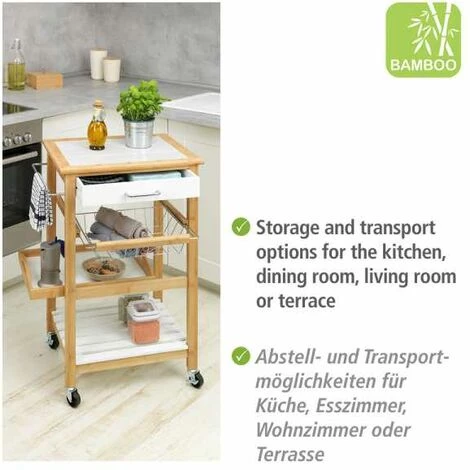 WENKO Desserte Cuisine Bois Bambou Finja, Desserte à Roulettes Avec 2 étagères Et 1 Panier Métalique, MDF - Bambou, 49x81x38 Cm, Blanc - Marron 5 WENKO Desserte Cuisine Bois Bambou Finja, Desserte à Roulettes Avec 2 étagères Et 1 Panier Métalique, MDF - Bambou, 49x81x38 Cm, Blanc - Marron – Image 3