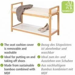 WENKO Banc D'entrée Rangement Chaussures Finja, Meuble Chaussures Entrée, Bambou - MDF, 90x55x34 Cm, Blanc - Marron -WENKO Soldes 36593579 3
