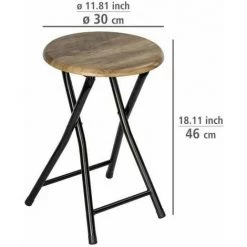 WENKO Tabouret D'appoint Forio, Tabouret Pliable En Acier Noir Et Assise En Bois, Acier - Bois, ø30x46 Cm, Noir - Marron -WENKO Soldes 36871313 4
