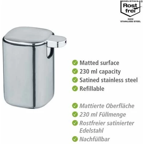 WENKO Distributeur Savon Liquide Alassio, Capacité 230 Ml, Acier Inox, 9,3x39,2x9,3 Cm, Brillant 4 WENKO Distributeur Savon Liquide Alassio, Capacité 230 Ml, Acier Inox, 9,3x39,2x9,3 Cm, Brillant – Image 2