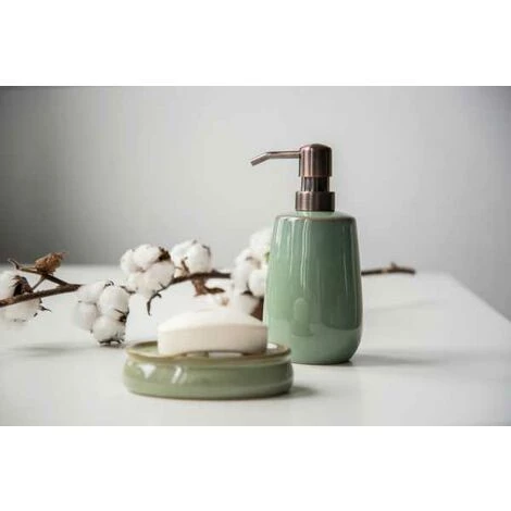 WENKO Distributeur Savon Liquide En Céramique Sirmione, Capacité 430 Ml, Céramique Moderne Haut De Gamme, Ø 8x17,5 Cm, Vert Sauge 5 WENKO Distributeur Savon Liquide En Céramique Sirmione, Capacité 430 Ml, Céramique Moderne Haut De Gamme, Ø 8x17,5 Cm, Vert Sauge – Image 3