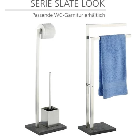 WENKO Porte Serviette Salle De Bain, Porte Serviette Sur Pied, 2 Niveaux, Base Effet Ardoise, Acier, Lot De 2 éponges Offertes 5 WENKO Porte Serviette Salle De Bain, Porte Serviette Sur Pied, 2 Niveaux, Base Effet Ardoise, Acier, Lot De 2 éponges Offertes – Image 3