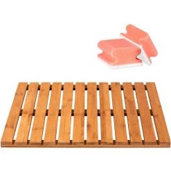 WENKO Caillebotis Bois Bambou, Tapis De Bain Bambou, 50x50 Cm, Lot De 2 éponges Offertes