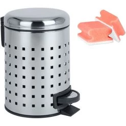 WENKO Petite Poubelle Salle De Bain à Pédale 3L, Leman Acier Brillant, Poinçon, Lot De 2 éponges Offertes