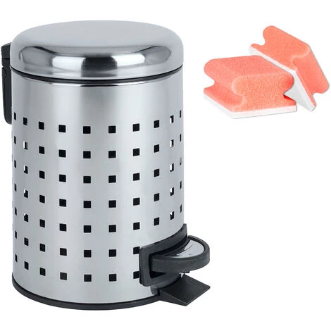 WENKO Petite Poubelle Salle De Bain à Pédale 3L, Leman Acier Brillant, Poinçon, Lot De 2 éponges Offertes 3 WENKO Petite Poubelle Salle De Bain à Pédale 3L, Leman Acier Brillant, Poinçon, Lot De 2 éponges Offertes